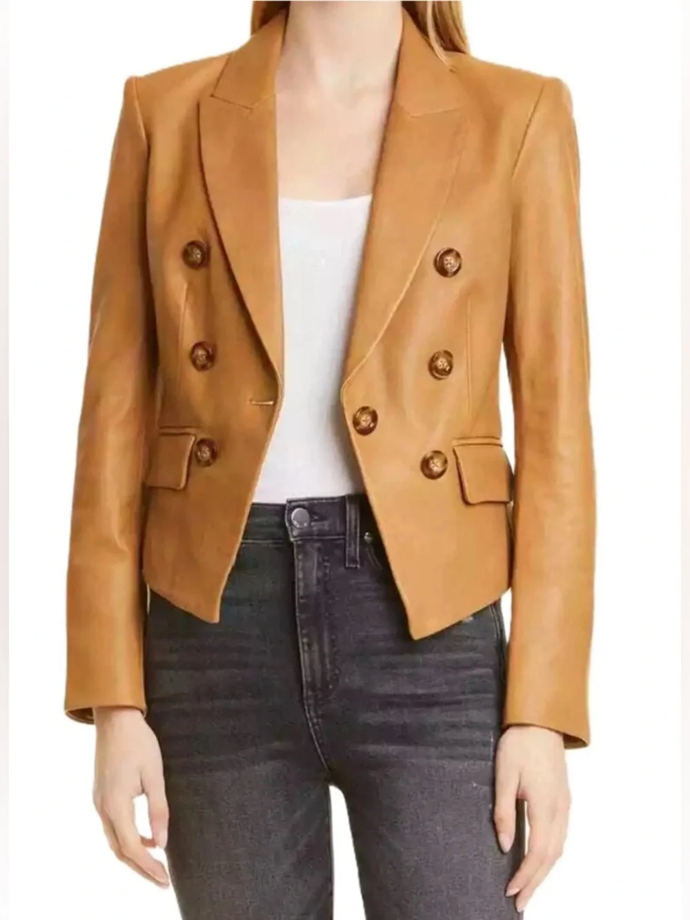 Veronica Beard Brown Cooke Dickey Lambskin Leather Double Breasted Jacket Size 2
